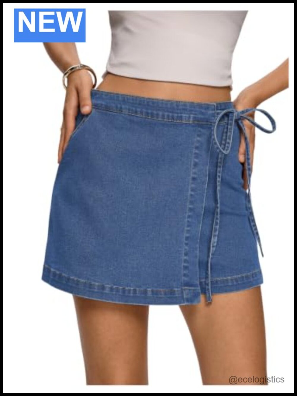Denim Wrap Skort with Side Tie Knot & Slant Pockets